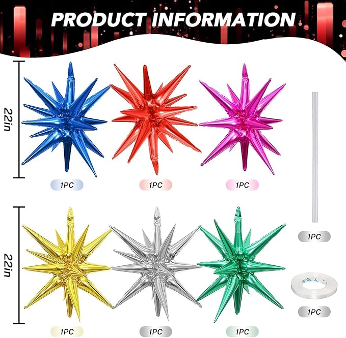 6PCS Star Balloons, 22Inch Colorful Rainbow Star Balloon Foil Balloons for Birthday Graduation Wedding Christmas New Year Party Decorations