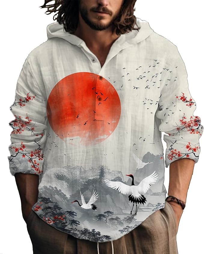 MARSVOVO Hooded Long Sleeve Shirt Men Fashion Graphic Button Up Lightweight Big and Tall Casual Vacation Shirts for Men