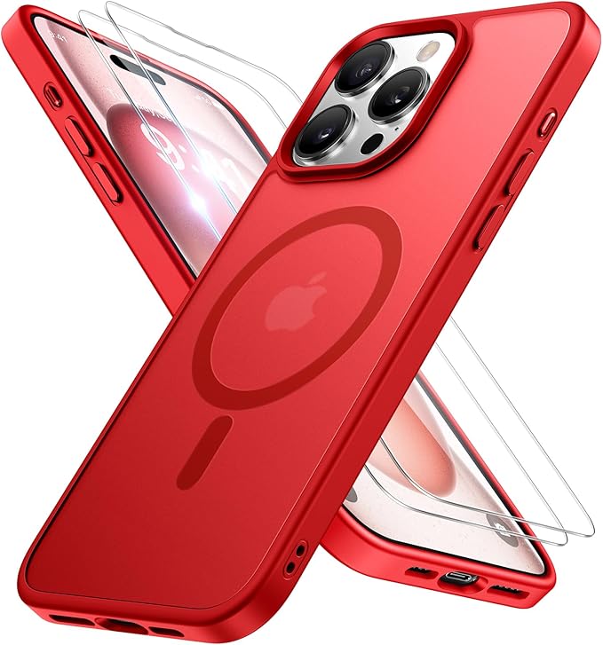 Miracase Magnetic for iPhone 15 Pro Case 6.1 inch (Compatible with MagSafe)（with 2X Screen Protectors）Military-Grade Protection, Anti-Fingerprint Translucent Matte Phone Cover, Red
