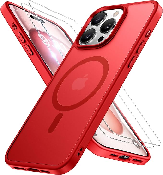 Miracase Magnetic for iPhone 15 Pro Max Case 6.7 inch (Compatible with MagSafe)（with 2X Screen Protectors）Military-Grade Protection, Anti-Fingerprint Translucent Matte Phone Cover, Red