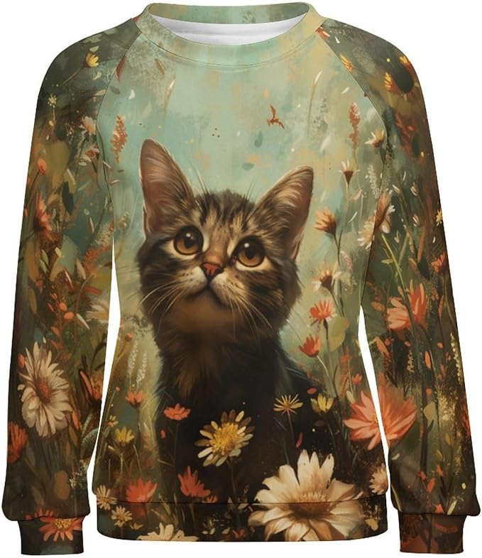 Sweatshirt for Women Cat Print Fashion Funny Plus Size Ladies Dressy Crewneck Casual Trendy Tee Shirts