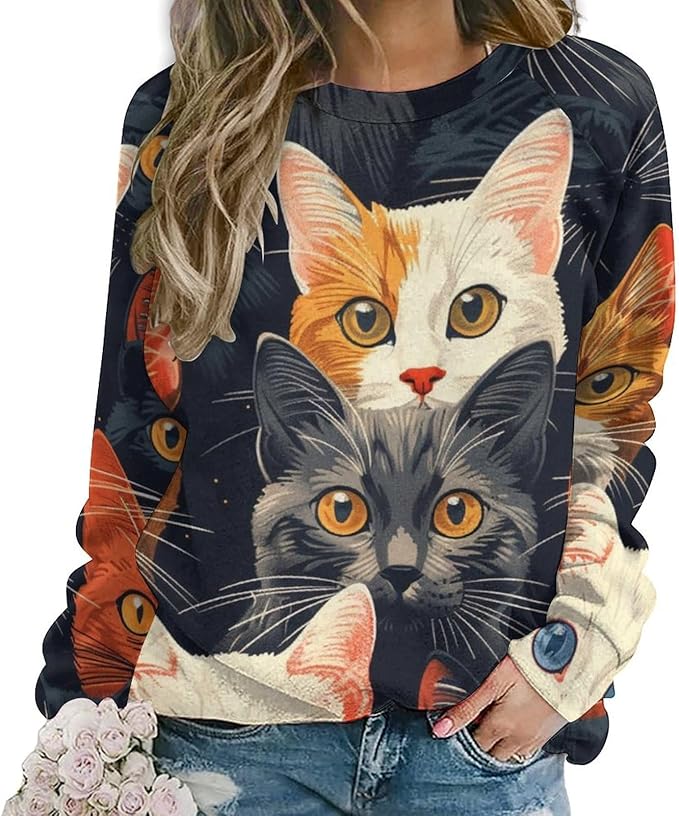 Fall Sweaters for Women 2024 Cat Print Long Sleeve Casual Crewneck Warm Fall Pullover Comfy Fashion Sweatshirts