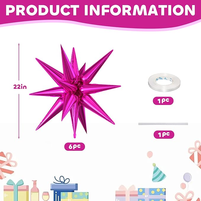 6PCS Star Balloons, 22 Inch Large Hot Pink Star Balloon Foil Balloons Pink Party Balloon for Birthday Christmas Graduation Wedding Anniversary Party Backdrops Decorations