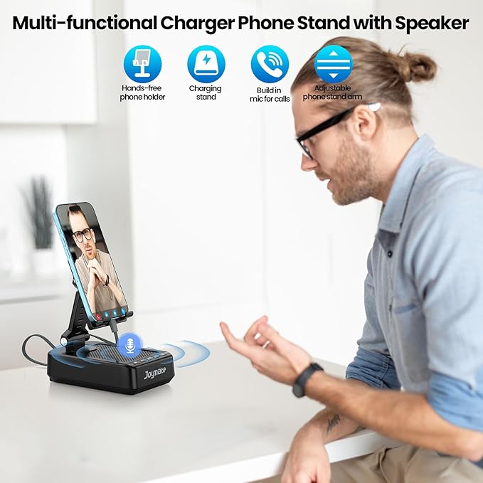 Gifts for Men Women, Charging Phone Stand with Cables and Bluetooth Speaker, 360° Rotatable Angle Cell Phone Holder with HD Stereo Sound Fits Phones,Tablet (Black)