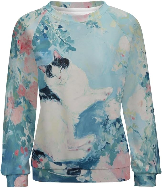 Sweatshirt for Women Cat Print Fashion Funny Plus Size Ladies Dressy Crewneck Casual Trendy Tee Shirts