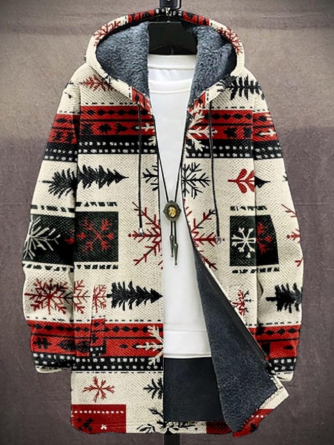 2025 Men's Ethnic Pattern Hooded Jacket Long Cardigan Hoodies Full Zip Vintage Knitted Zipper Coat with Pocket