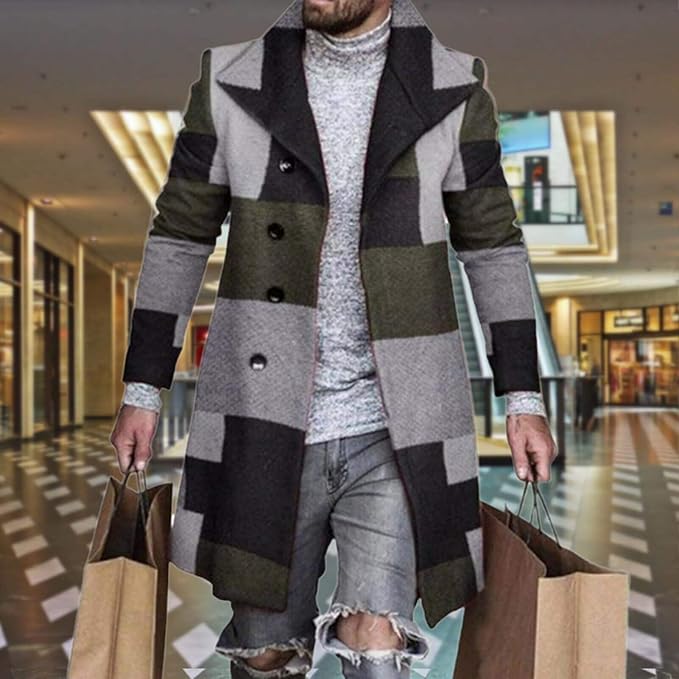 Men's Plaid Long Trench Coat Mid - Length Lapel Collar Button Down Warm Overcoat for Winter & Autumn Fashion
