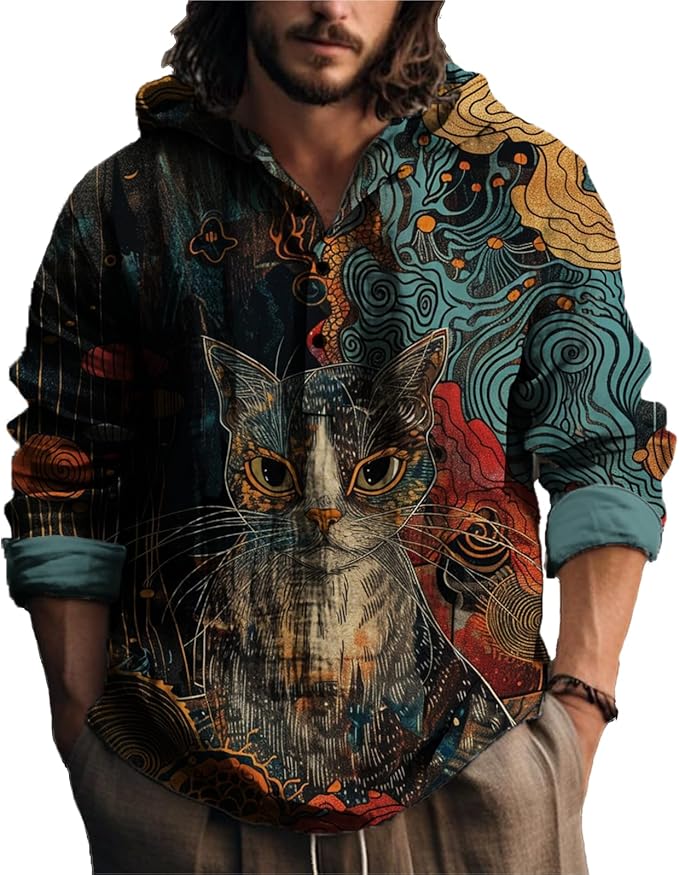 MARSVOVO Japanese Art Animal Hooded Shirt for Men Long Sleeve Quarter Button Lightweight Hoodie Cool Streetwear Tops