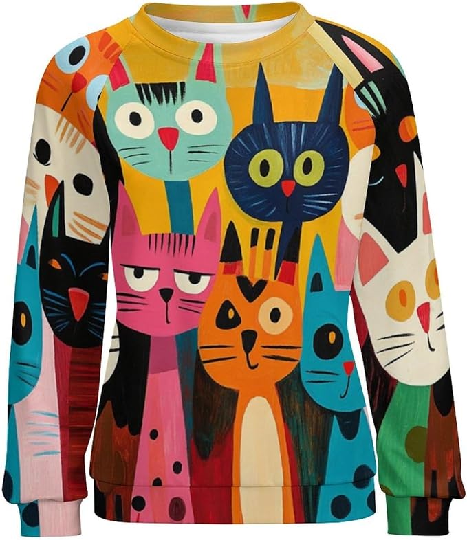 Fall Sweaters for Women 2024 Cat Print Long Sleeve Casual Crewneck Warm Fall Pullover Comfy Fashion Sweatshirts