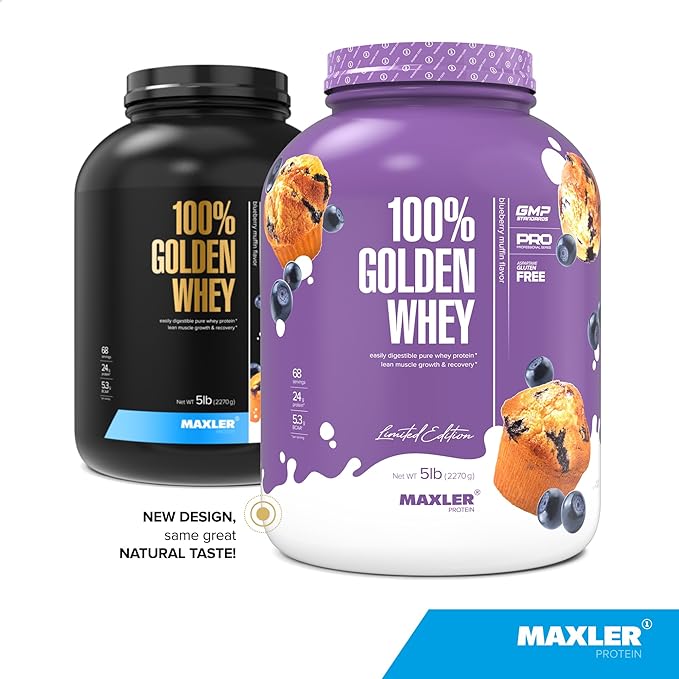 Maxler 100% Golden Whey Protein - 24g of Protein per Serving - Whey Protein Powder for Pre Post Workout - Fast-Absorbing Whey Concentrate, Isolate & Hydrolysate Blend - Blueberry Muffin 5 lb