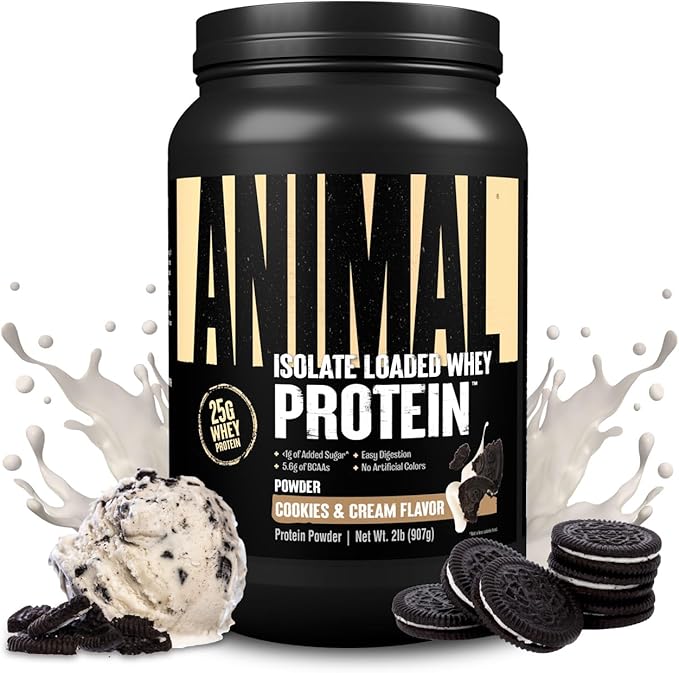 Animal Whey Isolate Protein Powder - Loaded for Pre & Post Workout Muscle Builder and Recovery with Digestive Enzymes for Men & Women - 25g Protein, Great Taste, Low Sugar - Cookies & Cream 2 lbs