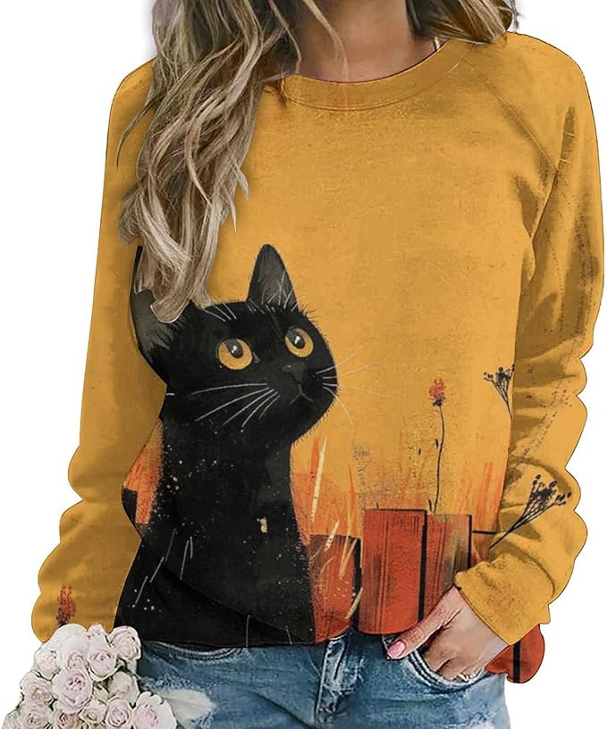 Long Sleeve Shirts for Women Cat Printed Fall Winter Dressy Holiday Casual Fashion Crewneck Tunic Tee Shirts
