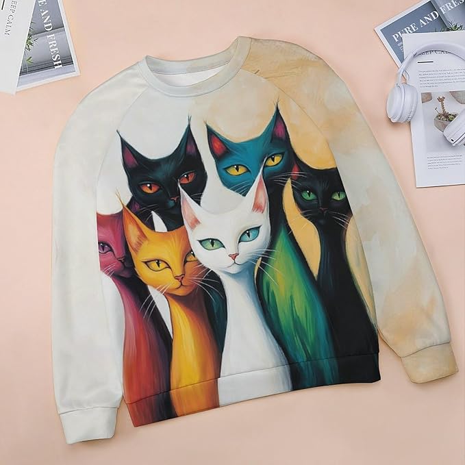 Fall Sweaters for Women 2024 Cat Print Long Sleeve Casual Crewneck Warm Fall Pullover Comfy Fashion Sweatshirts