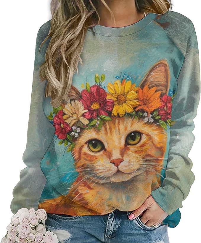Sweatshirt for Women Cat Print Fashion Funny Plus Size Ladies Dressy Crewneck Casual Trendy Tee Shirts