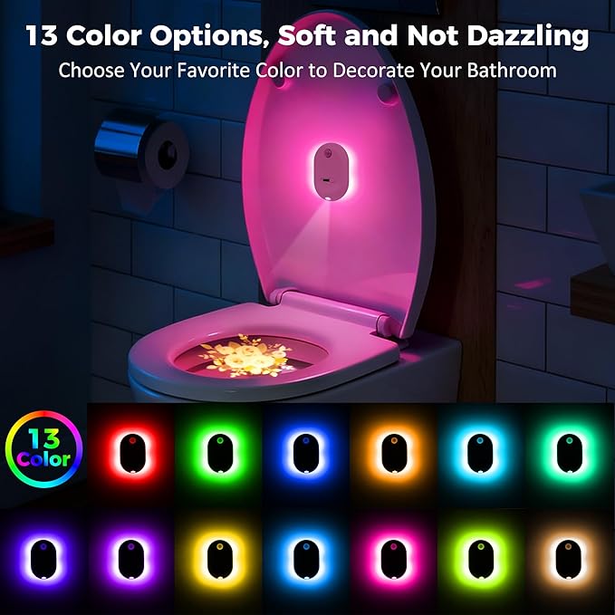 Toilet Night Light Motion Sensor, Motion Activated Night Light 13 Color Changing 4 Projection Patterns, Rechargeable Toilet Bowl Light for Bathroom Accessories Decor Men Women Kid Gifts,Hallway Stairs