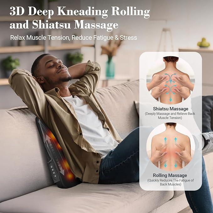 Cordless Shiatsu Back Massager - Lower Back Massager for Pain Relief Deep Tissue, Movable Massage Head, Lumbar Massager with Heat, Rechargeable Massager