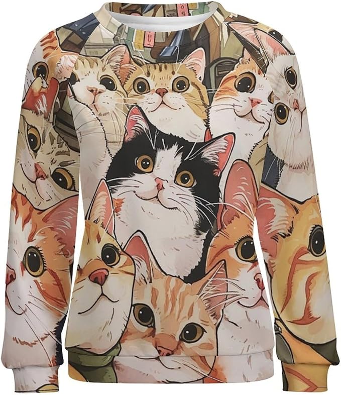 Fall Sweaters for Women 2024 Cat Print Long Sleeve Casual Crewneck Warm Fall Pullover Comfy Fashion Sweatshirts