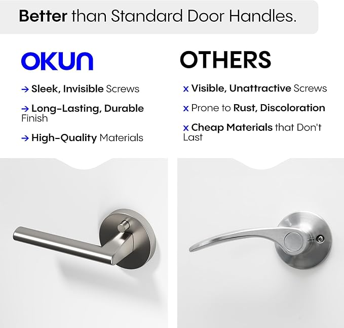 Okun Brio 1-Pack Brushed Nickel Privacy Door Levers – Push Button Lock, Reversible, Sleek Concealed-Mount Design for Bedroom & Bathroom