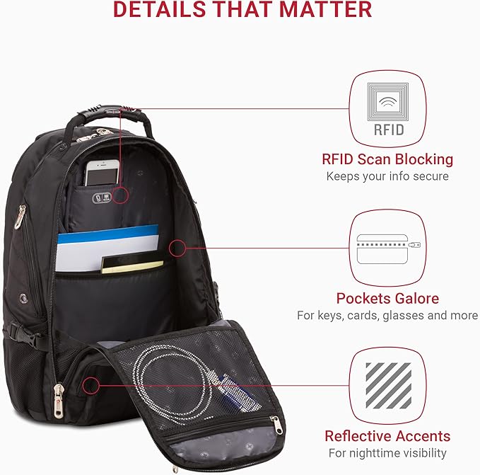 SwissGear 1900 ScanSmart 17” Laptop Backpack Black – Reflective Tech Backpack with ScanSmart Compartment – Multiple Organizer Pockets & RFID Scan Blocking Technology