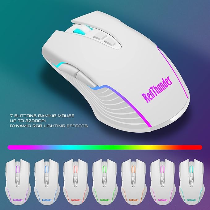 RedThunder K10 Wireless Gaming Keyboard and Mouse Combo, LED Backlit Rechargeable 3800mAh Battery, Mechanical Feel Anti-ghosting Keyboard + 7D 3200DPI Mice for PC Gamer (White)