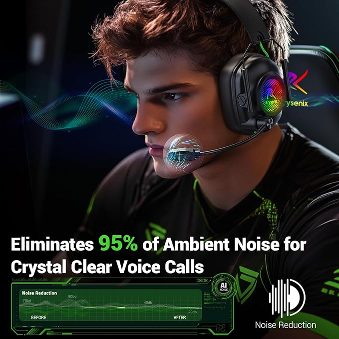 Wireless Gaming Headset with Noise Canceling Microphone for PC, PS5, PS4, Switch, Mac, 2.4 GHz Wireless & Bluetooth 5.4 Gaming Headphones, Cool RGB Lighting, 40Hr Battery, 50mm Drivers(Ink Black)