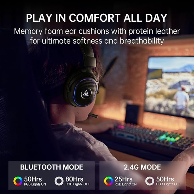 EKSA 2.4GHz Wireless Gaming Headset for PS5,PS4,PC,Switch,Mobile,Mac, Bluetooth Gaming Headphones with Detachable Microphone, RGB, 30ms Latency, 50H Battery, Stereo Sound Headset for Xbox