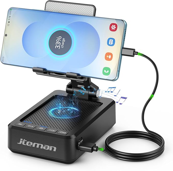 JTEMAN Cell Phone Stand with Bluetooth Speaker,HD Sound Adjustable Phone Holder,Birthday Gifts for Men Women, Cool Tech Kitchen Gadgets for Most Phones and Tablets-Black