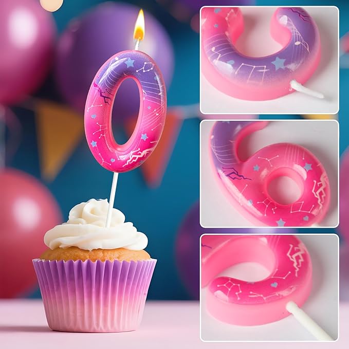 Lurevian K-pop Pink Purple Number Birthday Candle – Trendy Cake Decoration for Themed Parties, Sparkly Gradient Cake Topper for Girls Birthday Party Decoration for Teens（Number 0）