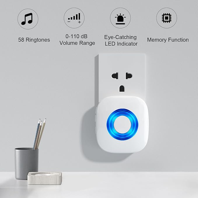 Wireless Doorbell, PHYSEN Waterproof Door bell Chime Kit Operating at 1300-ft Range 58 Adjustable Melodies 5 Volume Levels & LED Flash, Doorbell Alarm for Home/Classroom, 2 Push Buttons+4 Receivers