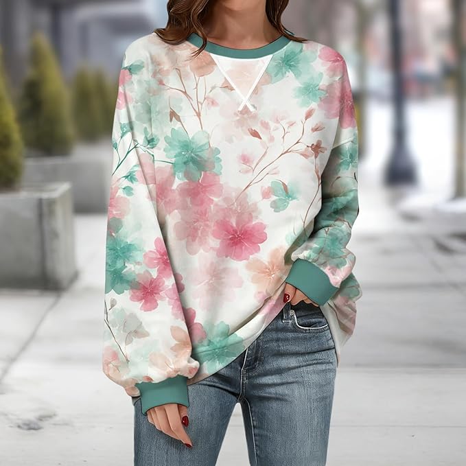 Womens Sweatshirts Fahsion Floral Print Long Sleeve Comfy Fall Tops Oversized Casual Crewneck Pullover Shirts