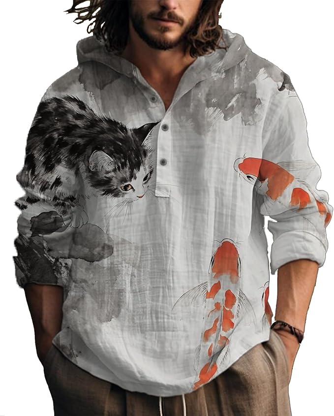 MARSVOVO Hooded Long Sleeve Shirt Men Fashion Graphic Button Up Lightweight Big and Tall Casual Vacation Shirts for Men