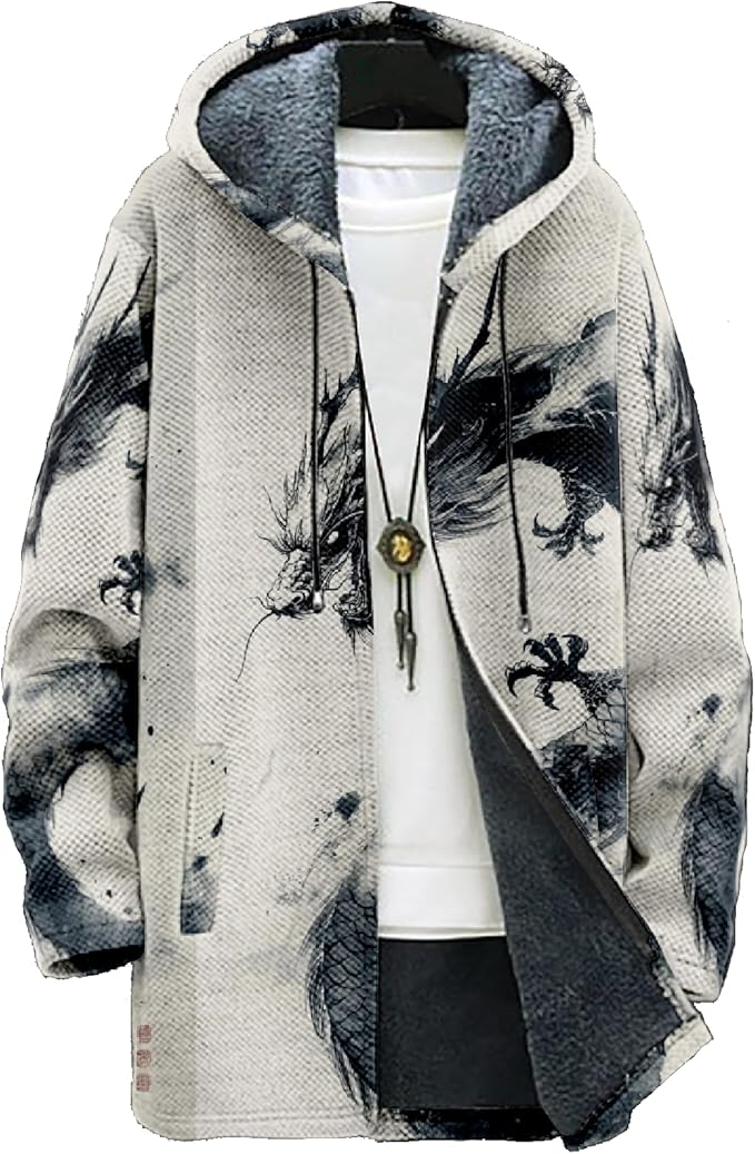 Mens Hooded Cardigan Japanese Art Zip Up Long Sleeve Sweater Hoodie Dragon Print Coat with Pockets
