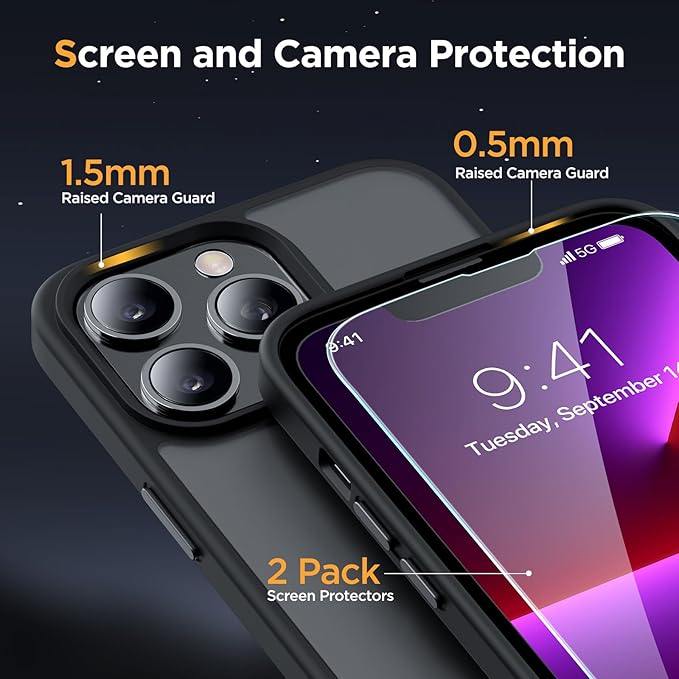 Miracase Magnetic for iPhone 13 Pro Max Case 6.7 inch (Compatible with MagSafe)（with 2X Screen Protectors） Military-Grade Protection, Anti-Fingerprint Translucent Matte Phone Case Cover, Black