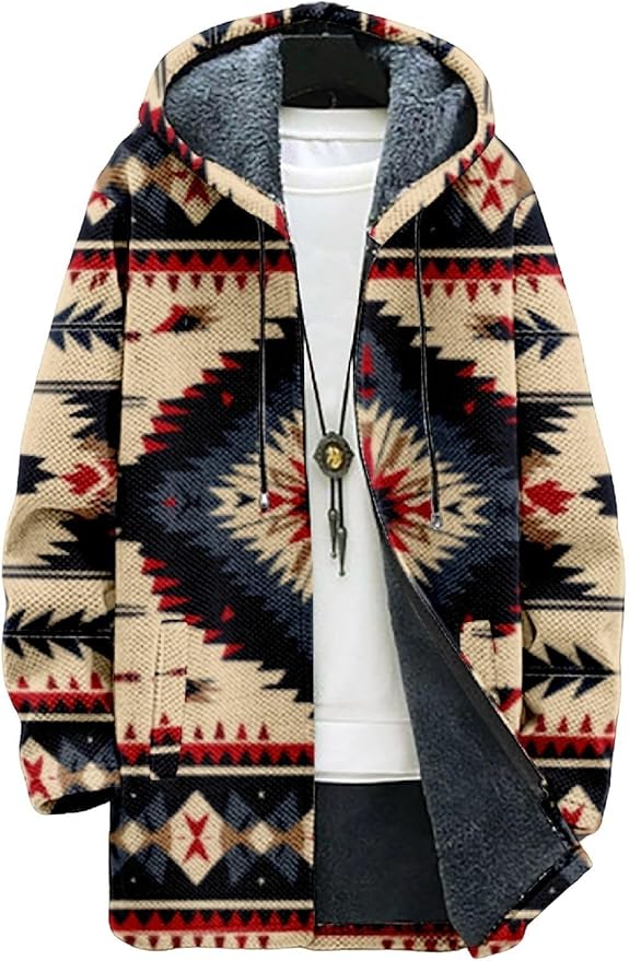 2025 Men's Ethnic Pattern Hooded Jacket Long Cardigan Hoodies Full Zip Vintage Knitted Zipper Coat with Pocket