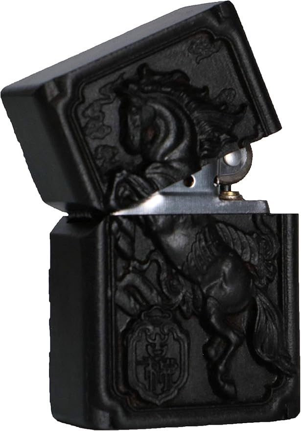 Natural Ebony Black Wood Carved Lighter Shell Box For Zippo Module (Rich Horse)