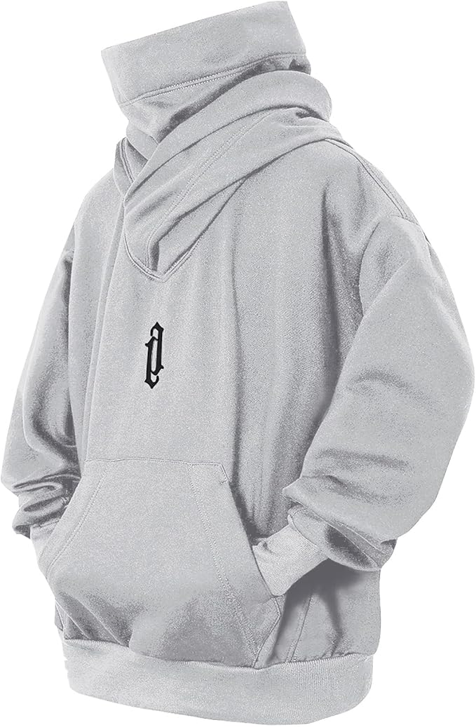 Fleece Hoodies for Men Cowl Neck Sweatshirts Hood with neck Gaiter Casual Pullover Fall Winter with Embroidery
