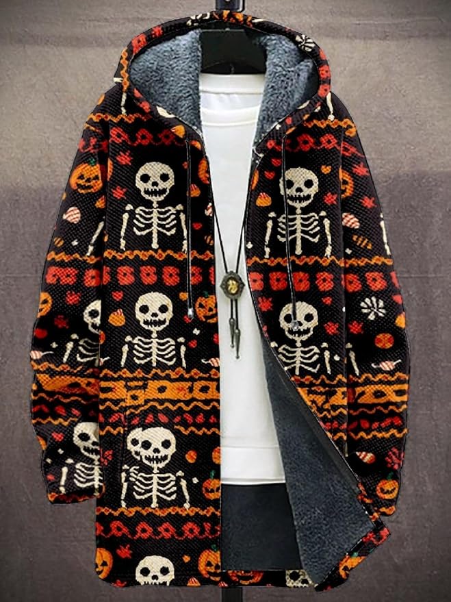 2025 Men's Ethnic Pattern Hooded Jacket Long Cardigan Hoodies Full Zip Vintage Knitted Zipper Coat with Pocket