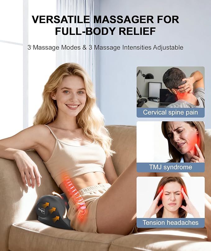 Ringco Neck Massager with Heat, Red Light & Vibration Adjustable, Heated Neck Stretcher with 3 Modes, Rechargeable Cervical Traction Device for Pain Relief & Muscle Relaxation, Christmas Gift (Black)