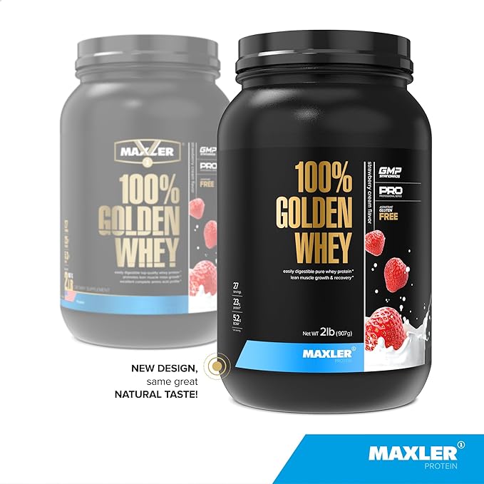 Maxler 100% Golden Whey Protein - 23g of Protein per Serving - Whey Protein Powder for Pre Post Workout - Fast-Absorbing Whey Concentrate, Isolate & Hydrolysate Blend - Strawberry Cream 2 lb