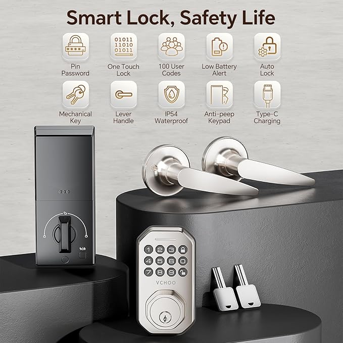 Keyless Entry Door Lock Set Smart Locks for Front Door Keypad Door Lock with Handle Auto Lock One Time Password Anti Peeping Password IP54, Satin Nickel