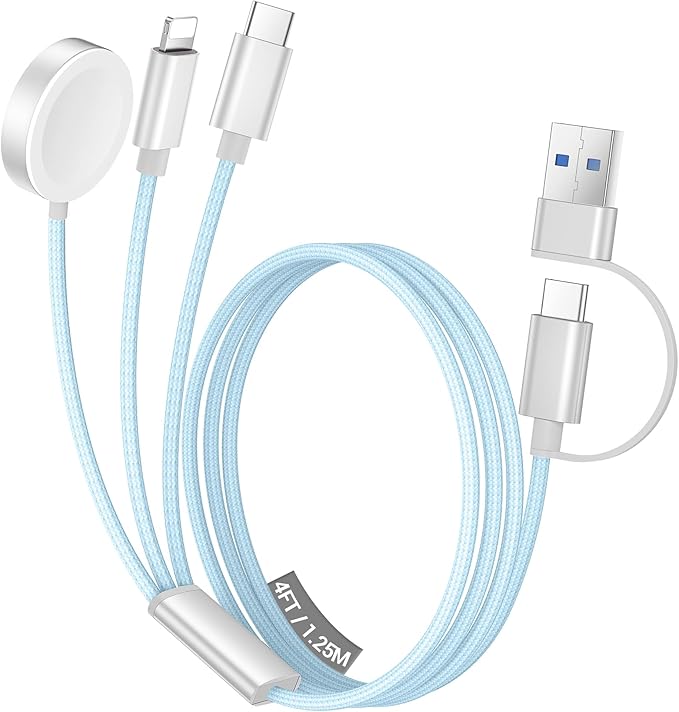 Temdan for Travel Vacation Essentials,3 in 2 USB C Cable for Apple Watch Charger/iPhone 17 Charger/Lightning,Multi Charging Cable Cord,Camping Essentials,Designed for iWatch & iPhone 16-12-4FT Blue
