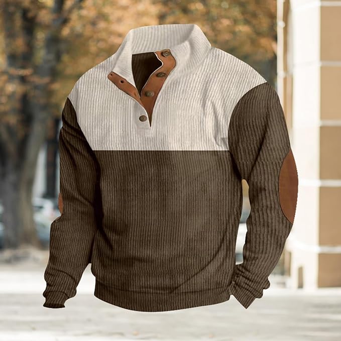 Men's Quarter Button Quilted Sweatshirt Classic Long Sleeve Elbow Patches Stand Collar Color Block Sweatshirts