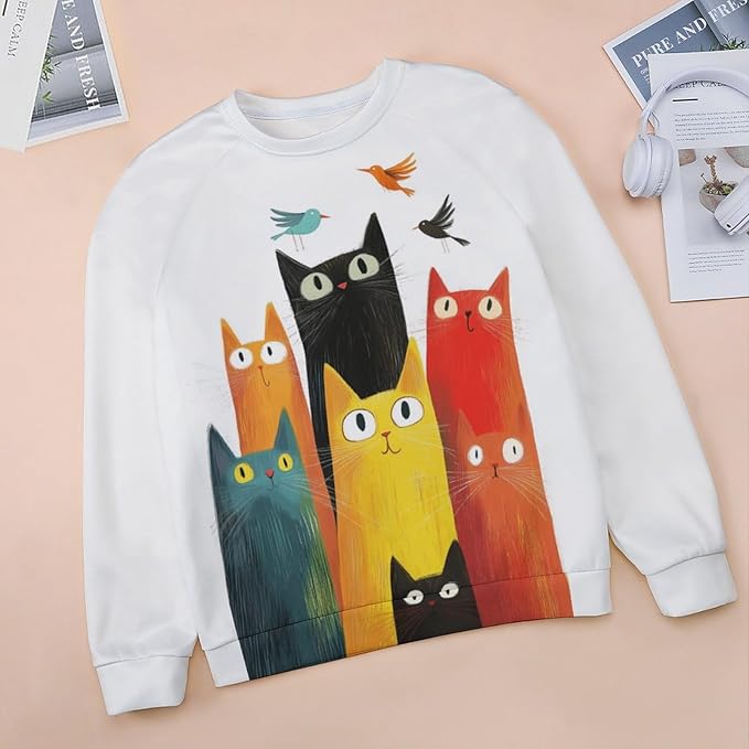 Fall Sweaters for Women 2024 Cat Print Long Sleeve Casual Crewneck Warm Fall Pullover Comfy Fashion Sweatshirts