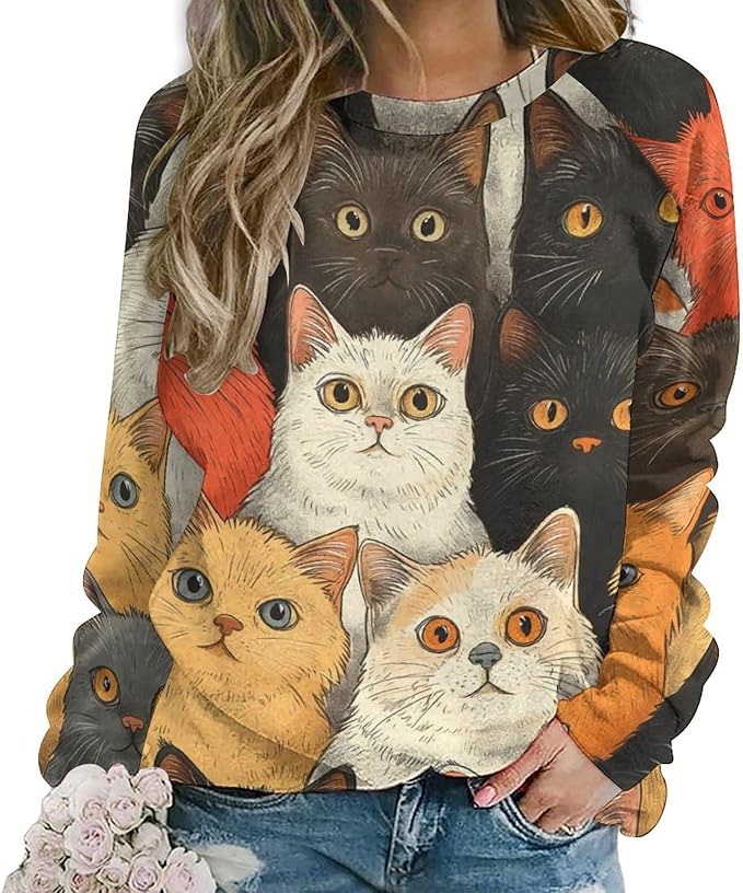 Fall Sweaters for Women 2024 Cat Print Long Sleeve Casual Crewneck Warm Fall Pullover Comfy Fashion Sweatshirts