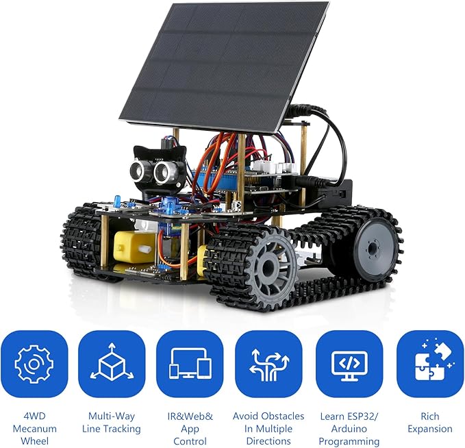 ACEBOTT ESP32 Smart Tank Solar Robot Car, 4WD Omnidirectional Movement Remote Control Car Compatible with Arduino IDE, Electronics Programming Project/STEM Educational/Science Coding Kit for 12+Teens