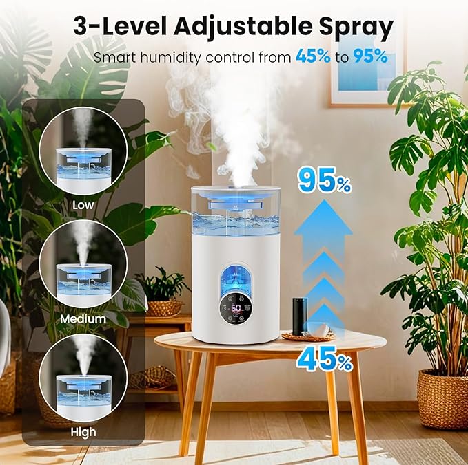 Humidifiers for Bedroom Large Room Home - GloryAir 6L Quiet Top Fill Cool & Warm Mist Humidifier with Smart Humidity Control, Remote Control, 7-Color Light, Humidistat, Oil Diffuser for Plants & Baby
