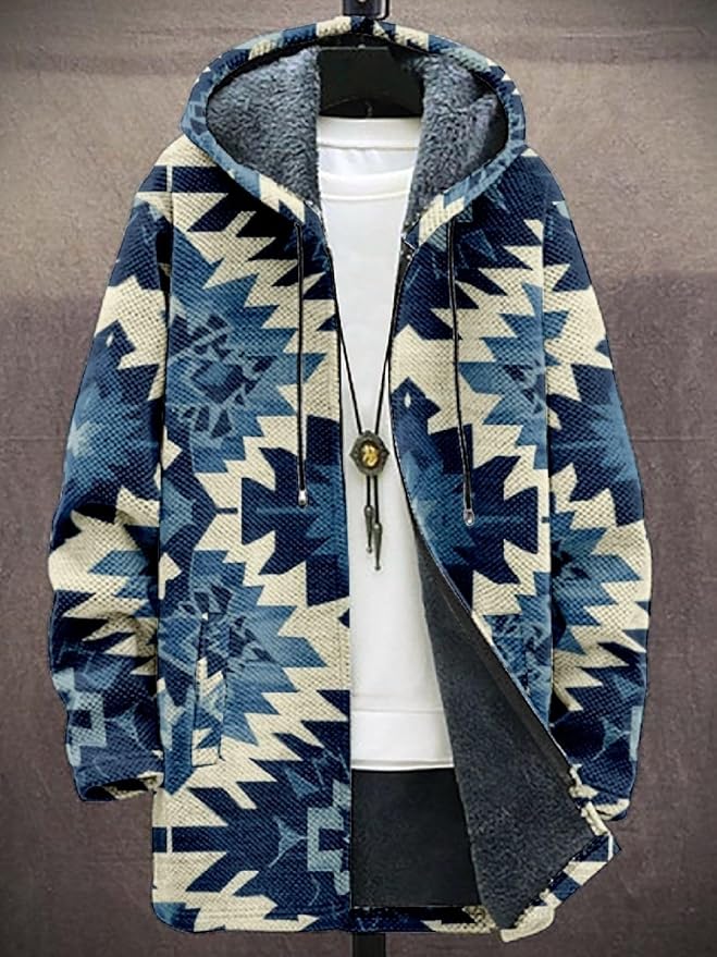 2025 Men's Ethnic Pattern Hooded Jacket Long Cardigan Hoodies Full Zip Vintage Knitted Zipper Coat with Pocket