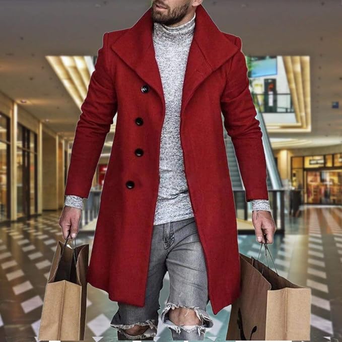Men's Plaid Long Trench Coat Mid - Length Lapel Collar Button Down Warm Overcoat for Winter & Autumn Fashion