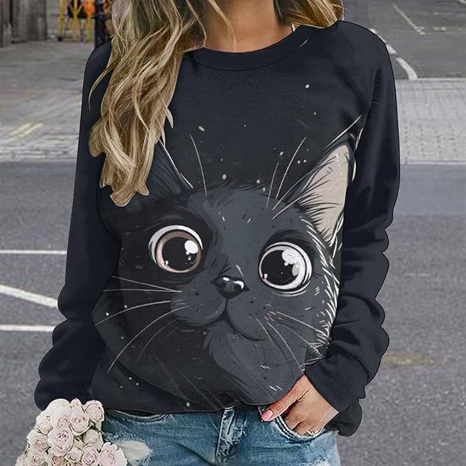 Long Sleeve Shirt Women Fall Cat Print Funny Hide Belly Vacation Plus Size Ladies Hippie Dressy Sweaters
