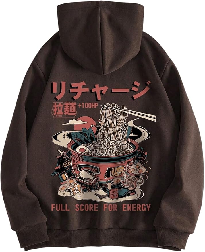 GORGLITTER Men's Graphic Hoodies Japanese Hoodie Top Oversized Long Sleeve Anime Pullovers Sweatshirts